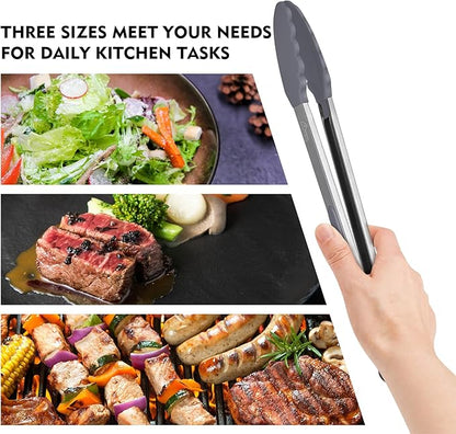 HOTEC Premium Stainless Steel Locking Kitchen Tongs with Silicon Tips, Set of 3-7", 9" and 12" (Grey) - Image 6