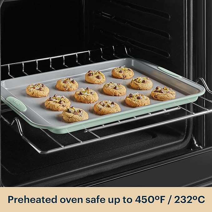 Pyrex 3-Piece Metal Cookie Sheet Bakeware Set, Lightweight Stainless Steel Baking Trays with Heatsafe Silicone Handles, Cookie Sheet Baking Pan, Sage