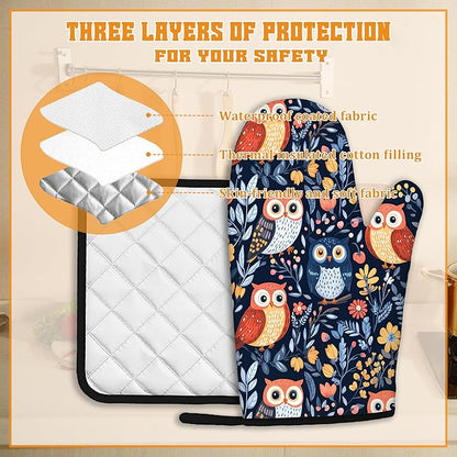 Colorful Cute Owl Oven Mitts and Pot Holders,Heat Resistant Oven Mitts Gloves and Pot Holder for Home Kitchen Decorations Cooking Baking BBQ Gifts,Set of 4