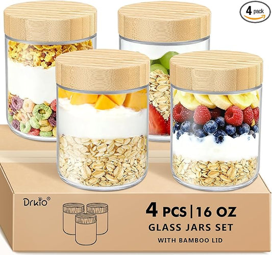 DRKIO 16 Oz Overnight Oats Containers with Bamboo Lids - 4 Pack Glass Storage Jars with Airtight Lids Wide Mouth Mason Food Jars Great for Meal Prep Salad Chia Pudding Snacks Yogurt Sugar Spice Cereal