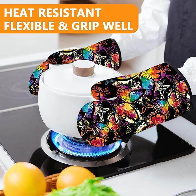 Colorful Butterfly Oven Mitts and Pot Holders Sets 4Pcs,Extra Long Oven Gloves Potholder for Kitchen Cooking Baking BBQ 100% Cotton Heat Resistant - Image 6