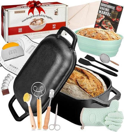 LINMAGCO Dutch Oven for Bread Baking & Sourdough Bread Baking Starter Kit- 11-Piece Beginner Gift Set with 3.6QT Oval Cast Iron Pot with Lid, Silicone Proofing Basket & Artisan Tools
