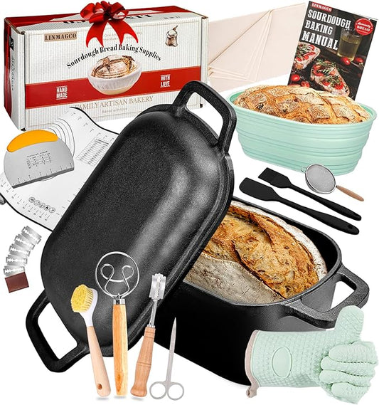 LINMAGCO Dutch Oven for Bread Baking & Sourdough Bread Baking Starter Kit- 11-Piece Beginner Gift Set with 3.6QT Oval Cast Iron Pot with Lid, Silicone Proofing Basket & Artisan Tools