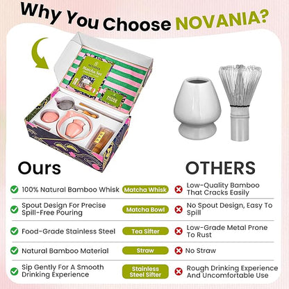 NOVANIA Pink Matcha Whisk Set - 10Pcs Premium Japanese Bamboo Matcha Kit with Bowl, Whisk Holder, Scoop, Sifter, Scoop Holder, Tea Cloth, Canister, Straw and Brush - Complete Set for Tea Lovers