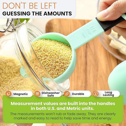 Spring Chef Mint Magnetic Measuring Cups and Spoons Set of 9, Stackable Plastic Kitchen Tool with Easy to Read Markings - Measure Dry or Liquid Ingredient for Baking & Cooking, BPA Free