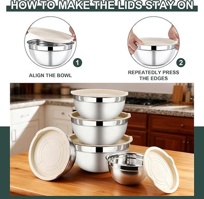 5 Piece Stainless Steel Mixing Bowls with Lids Set - Khaki Nesting Metal Mixing Bowls for Kitchen, Sizes 4.5, 4, 3.5, 2.1, 1.5 Qt for Baking, Cooking and Serving, Dishwasher Safe