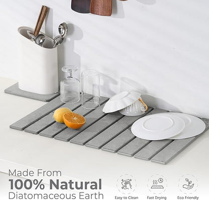 Large Stone Dish Drying Mat for Kitchen Counter, Quick Dry Stone Dishes Mats, Stones Drying Mat for Kitchen Counter, Water Absorbing Diatomaceous Drying Mat (Light Gray 24"×16" & 8"x4")