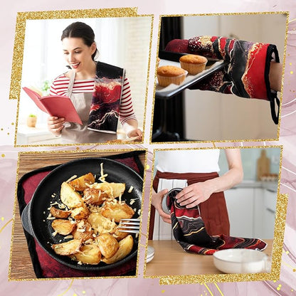 Leinuosen 8 Pcs Burgundy Marble Kitchen Towels and Dishcloths Sets Oven Mitts and Pot Holders Sets Absorbent Kitchen Gloves Potholders Heat Resistant for Chef Baking Cooking