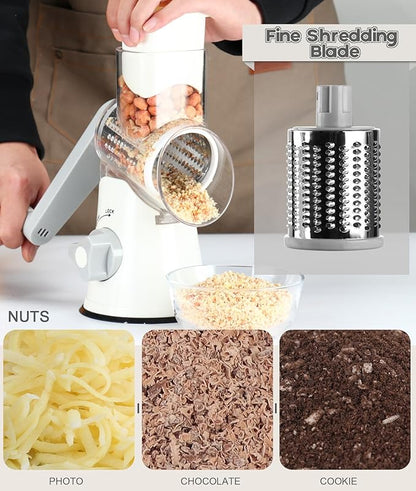 Ourokhome Rotary Cheese Grater Hand Crank, Kitchen Shredder Speed Mandolin Slicer Nuts Grinder with Handle and Drum Blades for Cheese, Vegetable, Walnuts, Chocolate, Potato, Carrot, 3 Blades, White - Image 4