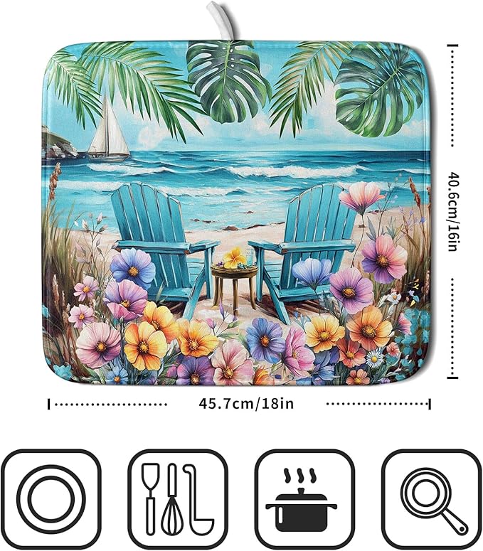 Spring Summer Sea Chair Dish Drying Mat for Kitchen Counter,Coastal Beach Palm Leaf Flowers Drying Mat 16 x 18 Inch with Absorbent Reversible Microfiber Drying Pad for Coffee Bar - Image 2
