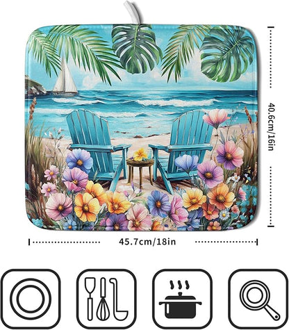 Spring Summer Sea Chair Dish Drying Mat for Kitchen Counter,Coastal Beach Palm Leaf Flowers Drying Mat 16 x 18 Inch with Absorbent Reversible Microfiber Drying Pad for Coffee Bar - Image 2