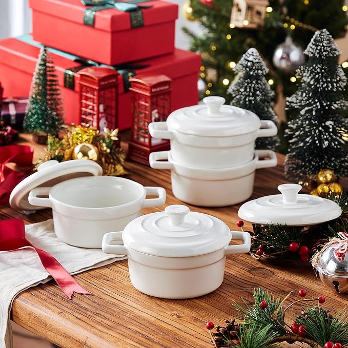 Lareina Mini Cocotte - 12oz Ceramic Casserole Dishes - Kitchen Casserole Sets With Handles And Lid - Small Baking Ramekins - Oven, Microwave & Dishwasher Safe - Set of 4 - White - Image 2