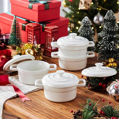 Lareina Mini Cocotte - 12oz Ceramic Casserole Dishes - Kitchen Casserole Sets With Handles And Lid - Small Baking Ramekins - Oven, Microwave & Dishwasher Safe - Set of 4 - White - Image 2
