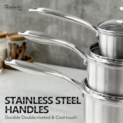 MICHELANGELO Triply Stainless Steel Pot Set, Hybrid Nonstick Saucepan Set with Lids, Induction Compatible Heavy Duty Sauce Pan 1QT & 2QT & 3QT, Honeycomb Interior, Dishwasher Safe Cookware - 6 Piece - Image 5