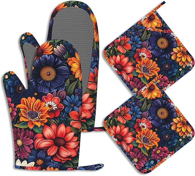 Colourful Flowers Potholders & Oven Mitts Sets Spring Floral Silicone Heat Resistant Oven Mits and Hot Pads Non-Slip Pot Holders Gloves for Kitchen Chef Cooking Baking Grilling BBQ