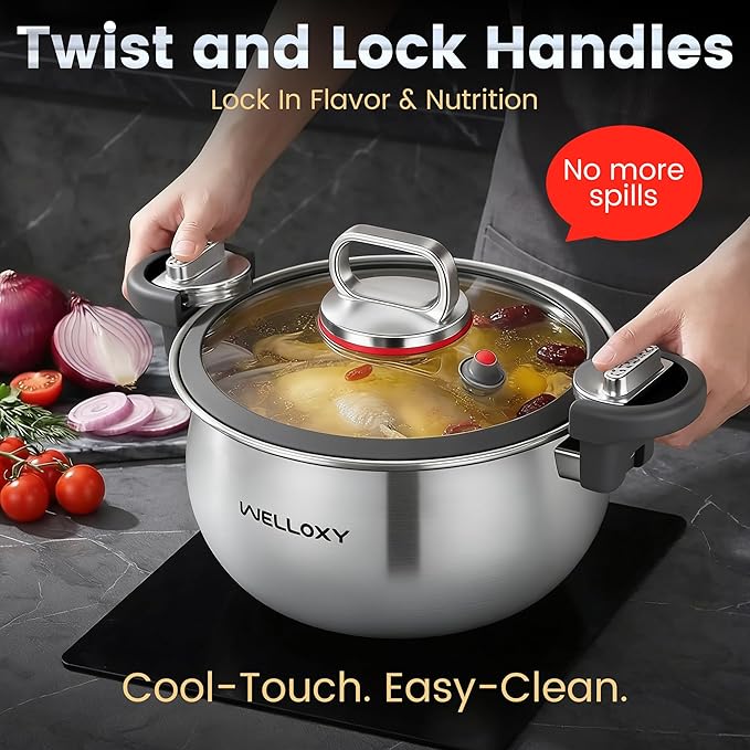 WELLOXY Stainless Steel Pot with Tight-Fitting Lid for Faster Cooking - 7.5 Qt Heavy-Duty Stock Pots for Stew Soup Pasta Gumbo with Stay-Cool Handles, Non-toxic Healthy Induction Cookware for Kitchen - Image 2