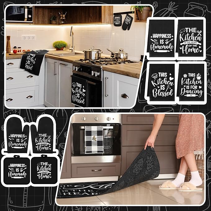 Fourluoo 10 Pcs Farmhouse Kitchen Decor and Accessories Set 4 Kitchen Towels 2 Pot Holders 2 Oven Mitts 2 Rugs for Cooking Baking Mom Housewarming Gifts(Black,Classic Style) - Image 6