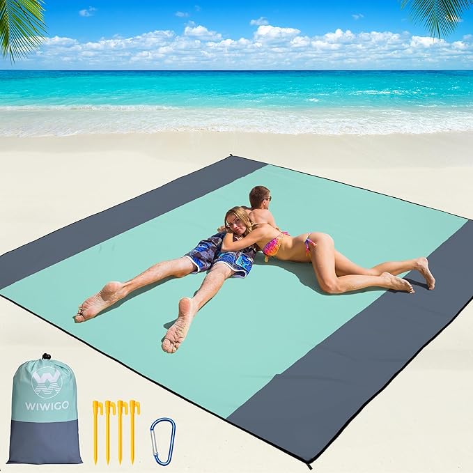 WIWIGO Beach Blanket Waterproof Sandproof Beach Mat 79" X 83"/10'x9'for 2-8 Adults Quick Drying Outdoor Picnic Mat Beach Accessories for Travel, Camping, Hiking by WIWIGO