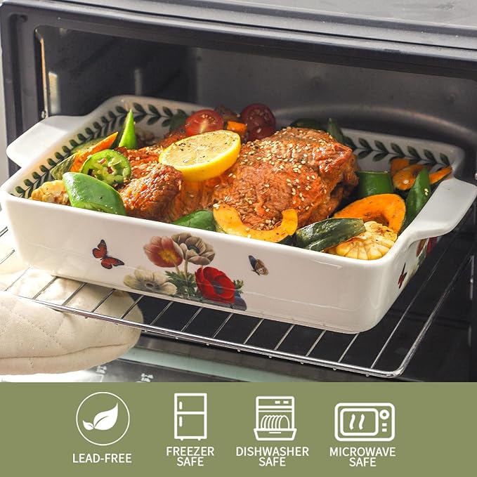 Ceramic Papaver rhoeas Baking Casserole Dish with Handles, Large 2 pieces 8x13 inch & 6x10 inch Lasagna Baking Dish and Middle Flower Andplant Baking Pan,Porcelain Serving Bakeware Set - Image 3