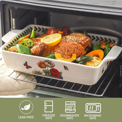 Ceramic Papaver rhoeas Baking Casserole Dish with Handles, Large 2 pieces 8x13 inch & 6x10 inch Lasagna Baking Dish and Middle Flower Andplant Baking Pan,Porcelain Serving Bakeware Set - Image 3