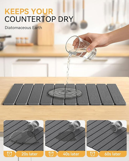 Yofidra Large Stone Dish Drying Mat for Kitchen Counter, Quick Dry Stone Mats with Absorbent Diatomaceous Earth, Foldable Roll Up Drying Organizer Pad for Utensils Plate, 24"×16", Dark Gray - Image 4