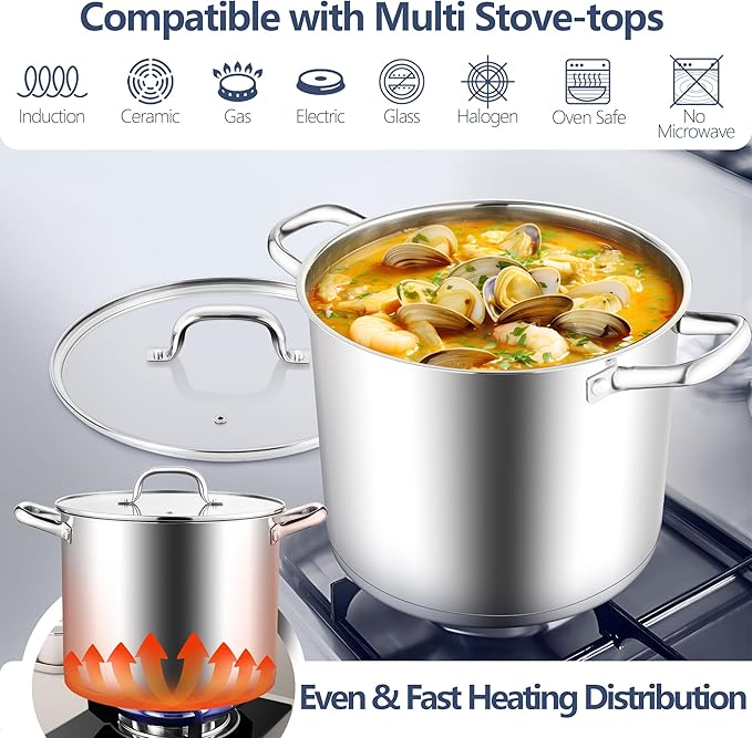 E-far 12 Quart Cooking Stock Pot, Large Stainless Steel Pot for Canning Simmering Stewing, Heavy Duty Cookware with Tri-ply Base for Induction Gas Stoves, Soup Pots with Glass Lid, Dishwasher Safe - Image 3