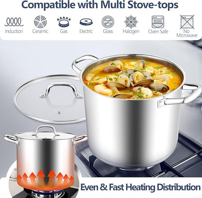 E-far 12 Quart Cooking Stock Pot, Large Stainless Steel Pot for Canning Simmering Stewing, Heavy Duty Cookware with Tri-ply Base for Induction Gas Stoves, Soup Pots with Glass Lid, Dishwasher Safe - Image 3