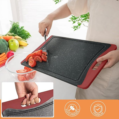 Extra Large Cutting Boards, Plastic Cutting Boards for Kitchen (Set of 3) Cutting Board Set Dishwasher Chopping Board with Juice Grooves Easy-Grip Handles, Red, Empune - Image 3