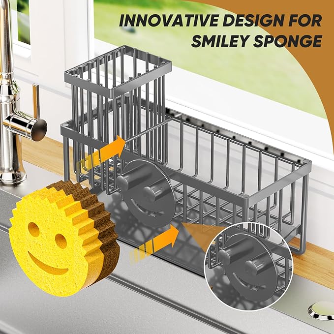 Sponge Holder for Kitchen Sink,Smiley Face Sink Caddy with Removable Brush Holder,Self-Draining Sponge Caddy for Soap,Dish Brush,Scrubber,Kitchen Essentials and Gadgets-Charcoal Gray - Image 4