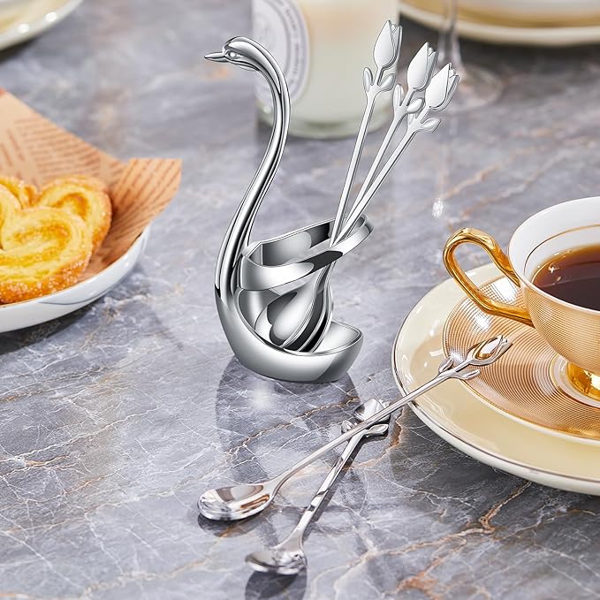 Silver Small Coffee Spoon Holder Set,Swan Base With 12 Pcs Demitasse Espresso Spoons Set,6" Mini Tulip/Rose Dessert Spoon,Stainless Steel Tea Spoons - Image 9