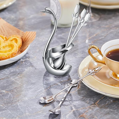Silver Small Coffee Spoon Holder Set,Swan Base With 12 Pcs Demitasse Espresso Spoons Set,6" Mini Tulip/Rose Dessert Spoon,Stainless Steel Tea Spoons - Image 9