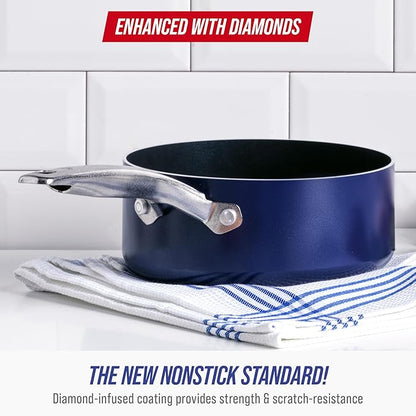 Blue Diamond Nonstick 2QT Saucepan with Lid, Non Toxic PFAS-Free Diamond Ceramic, Dishwasher & Oven Safe, Metal Utensil Safe Pot, Stay Cool Handle, Chef Pan, Glass Lid, Blue - Image 2