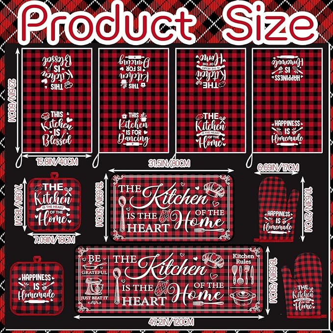 Fourluoo 10 Pcs Farmhouse Kitchen Decor and Accessories Set 4 Kitchen Towels 2 Pot Holders 2 Oven Mitts 2 Rugs for Cooking Baking Mom Housewarming Gifts(Red White,Classic Style) - Image 3