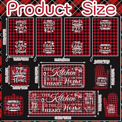 Fourluoo 10 Pcs Farmhouse Kitchen Decor and Accessories Set 4 Kitchen Towels 2 Pot Holders 2 Oven Mitts 2 Rugs for Cooking Baking Mom Housewarming Gifts(Red White,Classic Style) - Image 3