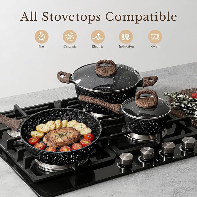 EWFEN 25 Pcs Pots and Pans Set, Nonstick Ceramic Cookware Sets, Healthy Non-Toxic, Large Capacity, Induction Compatible, Cooking Set with Frying Pans & Saucepans, PFAS/PTFE/PFOA Free, Classic Black - Image 4