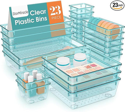 StorMiracle 23 PCS Drawer Organizer Set, 5 Varied Size Bathroom and kitchen Drawer cabinet organizer Trays, Clear Storage Bins for Makeup, Jewelry, Utensils and Gadgets by StorMiracle
