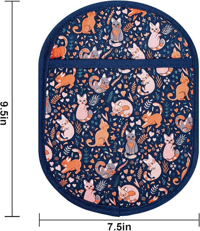 Pot Holders Set of 2 with Transparent Clear Silicone Shell and Nice Cat Flower Cotton Lining, Heat Resistant to 500 F Kitchen Oven Gloves Pot Holder for Cooking (Navy, Cat, Potholders) - Image 2