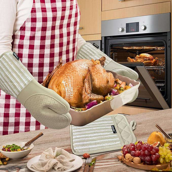 Alselo Silicone Oven Mitts Heat Resistant 932℉ with Waterproof & Non-Slip Kitchen Mittens, Set of 2 Extra Long Oven Gloves with Soft Cotton Terry Lining for Baking Cooking Barbecue (Khaki, 2) - Image 4