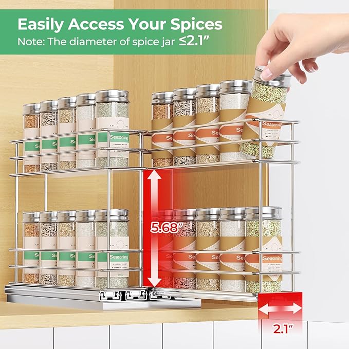 Mystozer Pull Out Spice Rack Organizer for Cabinet, Slide Out Spice Racks, Easy to Install Spice Cabinet Organizers, 5.28" Wx10.43 Dx8.26 H, 2 Drawers 2 Tiers(Silver) - Image 3