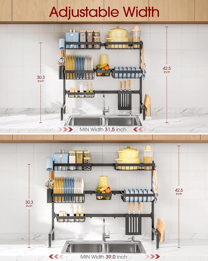 Sakugi Dish Drying Rack - Over The Sink Dish Drainer Drying Rack with Utensil & Knife Holder, Hooks, Stainless Steel Kitchen Organizers and Storage Solution, 11.8" D x 31.5"~39.0''W x 30" H, Black - Image 3