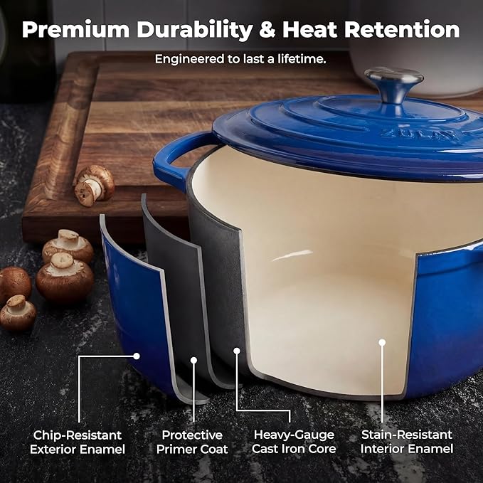 Zulay Kitchen 7.7 Quart Enameled Cast Iron Dutch Oven Pot with Lid – Premium Durability & Oven Safe up to 500°F – Heavy Duty Cookware Perfect for Bread Baking, Stews, Braising & Roasting – Blue - Image 5