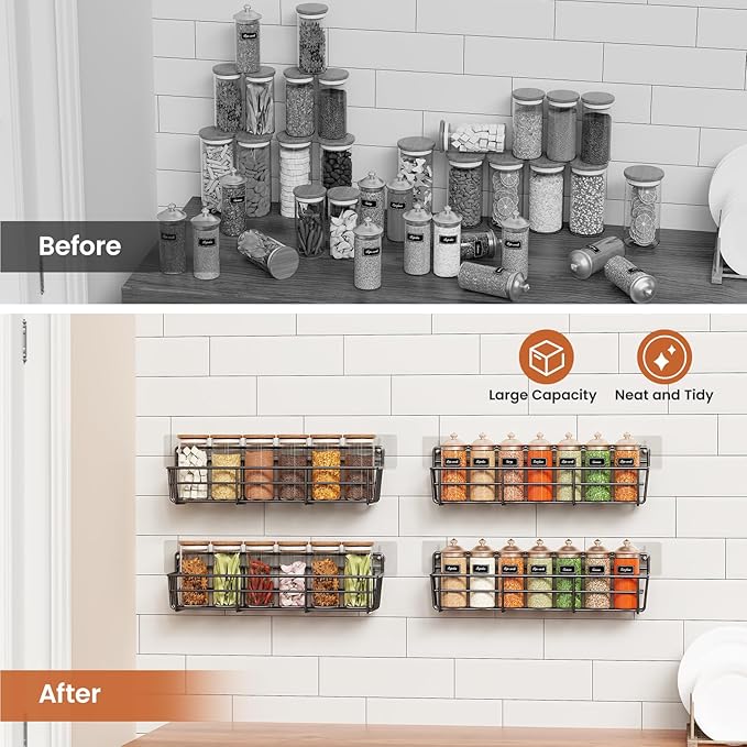 Mystozer Spice Rack Organizer Wall Mount, Hanging Spice Pantry Storage Shelf Organization, 4 Pack Space Saving Seasoning Organizer for Kitchen Cabinet, Door or Bathroom, Black - Image 5