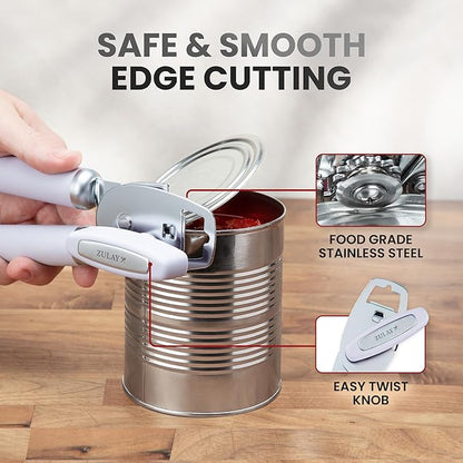 Zulay Kitchen Heavy Duty Stainless Steel Can Opener Manual with Bottle Opener - Rust Proof Manual Can Opener With Turn Knob & Comfy Soft Grip Handles - Light Lilac - Image 4