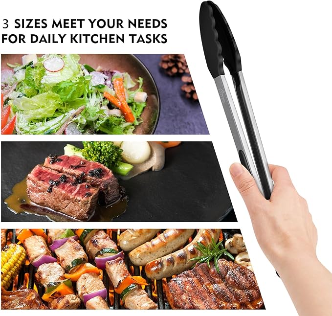 HOTEC Premium Stainless Steel Locking Kitchen Tongs with Silicon Tips, Heat Resistant Cooking Tongs Set of 3-7", 9" and 12", Black - Image 6