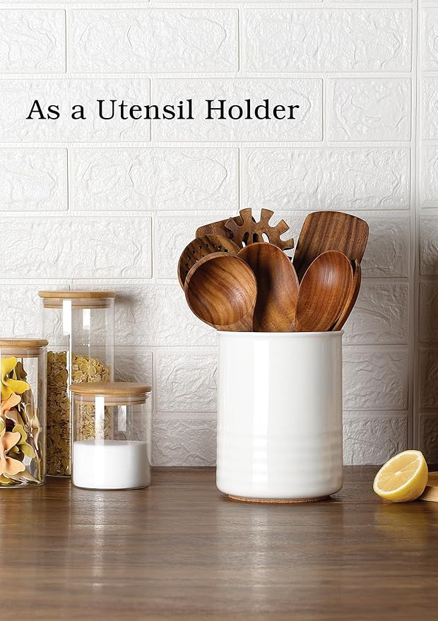 ABRUTY Utensil Holder, 6.7" Ceramic Kitchen Utensil Crock for Countertop Cooking, Modern Utensil Caddy Jar Organizer for Farmhouse Kitchen Counter Decor (White) - Image 3