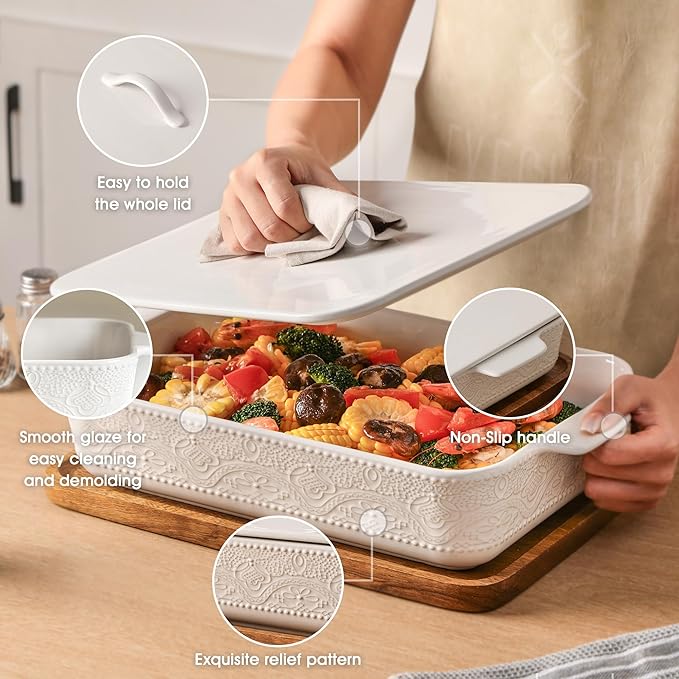 Casserole Dish with Lid, Ceramic 9x13 Casserole Dish for Oven, Rectangular Bakeware, Large Baking Dish with Handles for Holiday Cooking, Roasting, Baking, Oven & Microwave Safe (White) - Image 5
