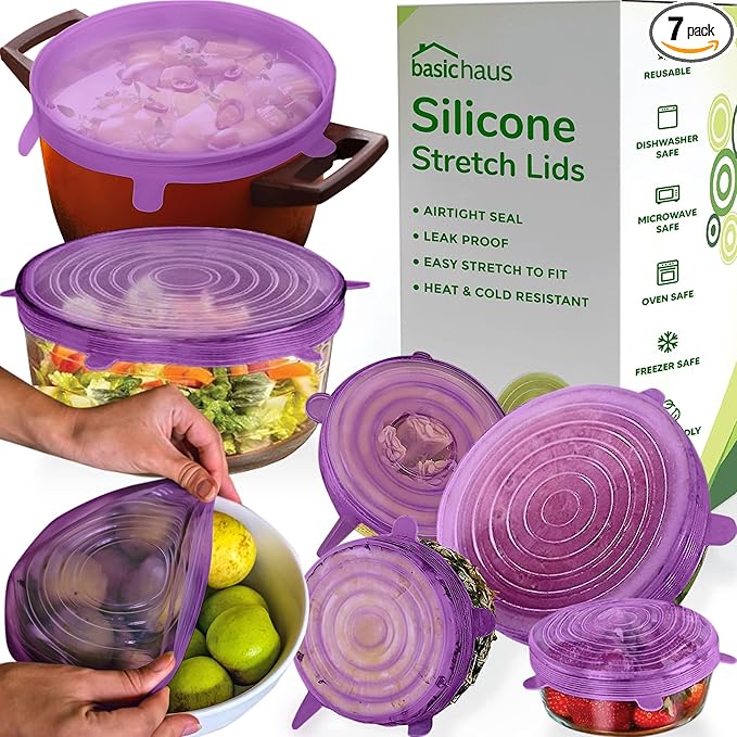Reusable Silicone Stretch Lids for Food Storage in Fridge - Elastic Heat-Resistant Bowl Covers, Cups, Cans, Jars - Universal Food Grade Lid for Containers - 7 Pack - Purple Stretchy Lid Set by BasicHaus