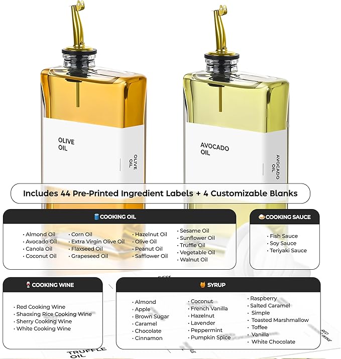 Spaceneat Olive Oil Dispenser Bottle - Includes 44 Kitchen Essential Labels - Cooking Oil Bottles for Kitchen, Coffee Syrup Dispenser - Pourer Spout with 11.8 fl oz Glass Container Cruet - 2pcs, Gold - Image 2