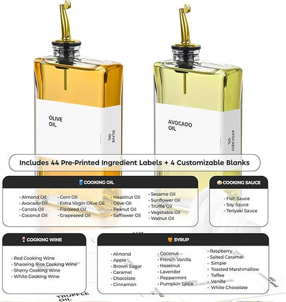 Spaceneat Olive Oil Dispenser Bottle - Includes 44 Kitchen Essential Labels - Cooking Oil Bottles for Kitchen, Coffee Syrup Dispenser - Pourer Spout with 11.8 fl oz Glass Container Cruet - 2pcs, Gold - Image 2