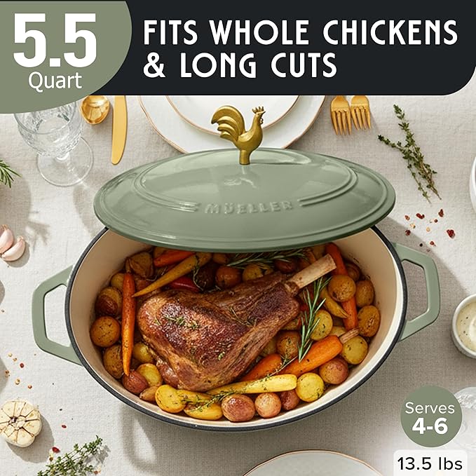 MUELLER HOME 5.5 Quart Enameled Cast Iron Oval Dutch Oven w Rooster Knob & Cotton Potholders, Heavy-Duty Cookware, Oven-Safe up to 500° F & Across All Cooktops, Gifts for Grandma & Women, Thyme Green - Image 3